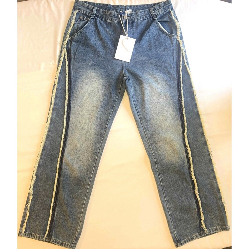 Elfric Eden Stripe Whiskering Mens Baggy Barrel Jeans 36 Unisex Streetwear Y2K